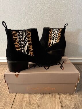 Crown Vintage Black Suede Ankle Boots with Animal Print Panels